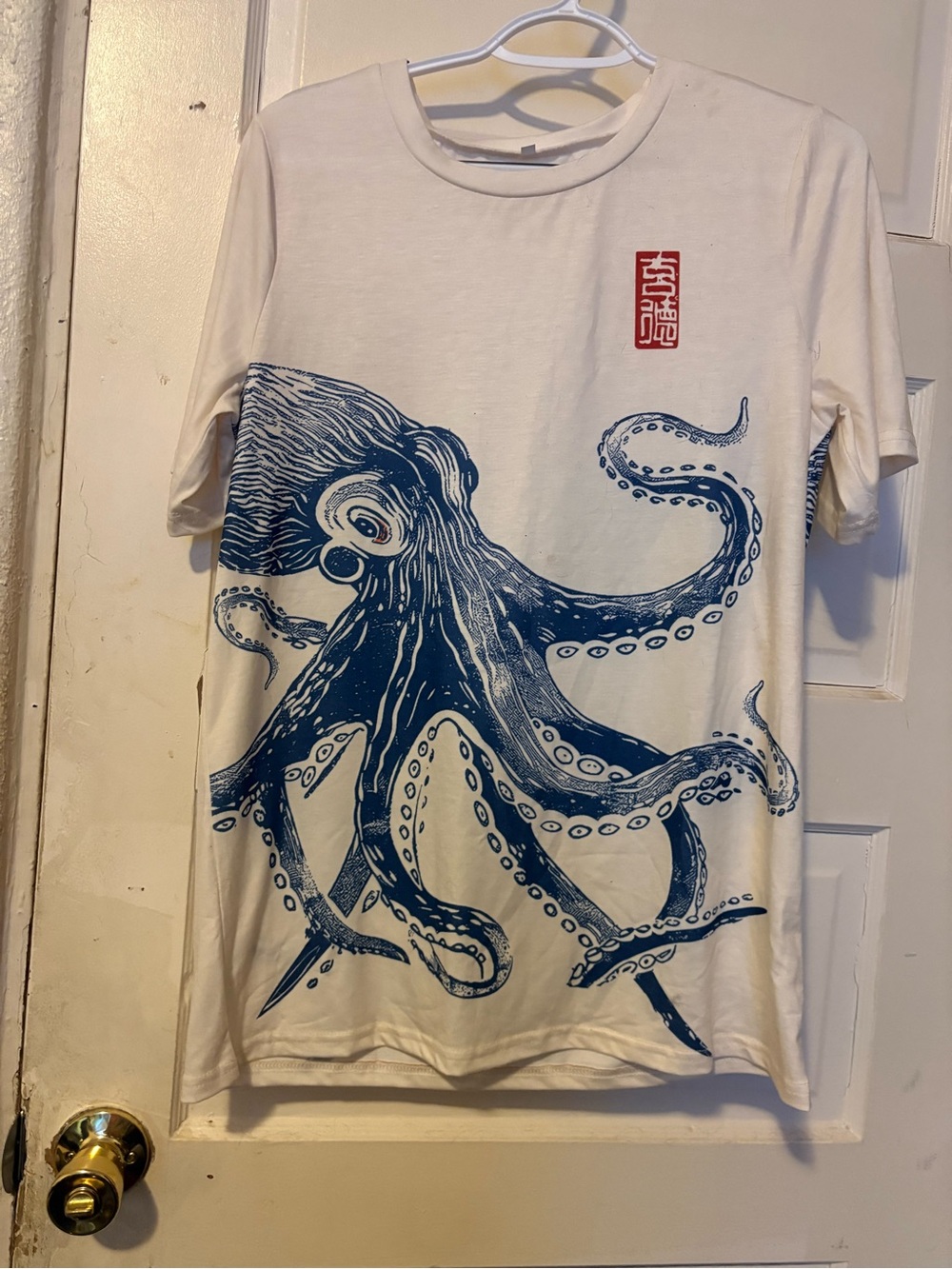 Large Blue Octopus Graphic Tee and Red Kanji Accent